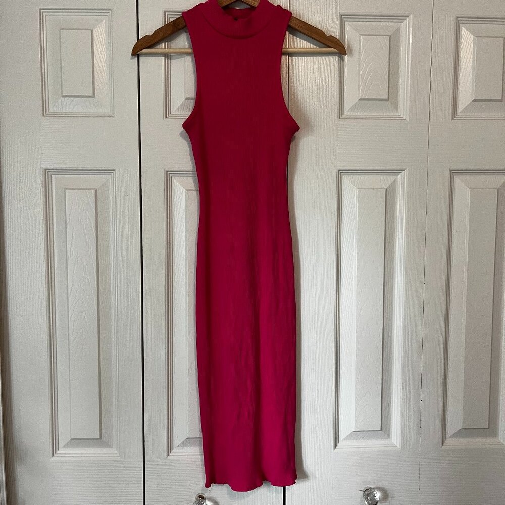 Hot Pink Midi Ribbed Bodycon Party Dress